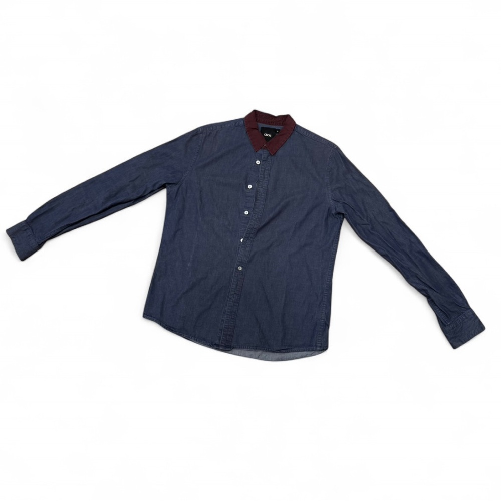 Asos - Men's Blue Denim Shirt with Maroon Collar